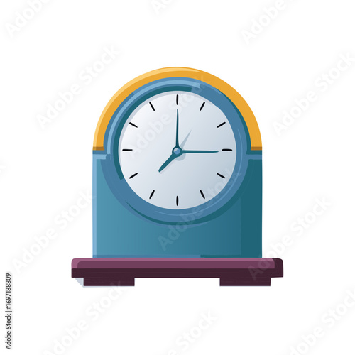 Classic desk clock with blue casing and yellow accent displaying 8 o'clock