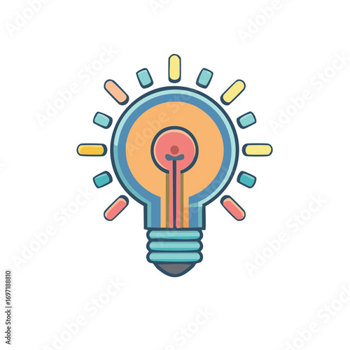 Colorful light bulb icon emitting light, symbolizing ideas and creative solutions, vector illustration