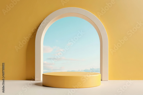 Arched doorway framing a serene beach scene with a yellow pedestal