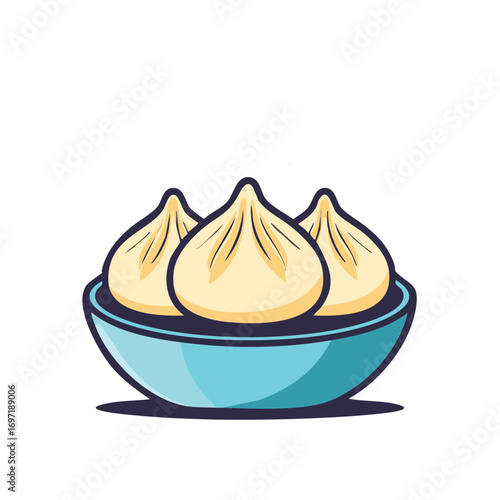 Delicious cartoon dim sum dumplings served in a light blue bowl illustration