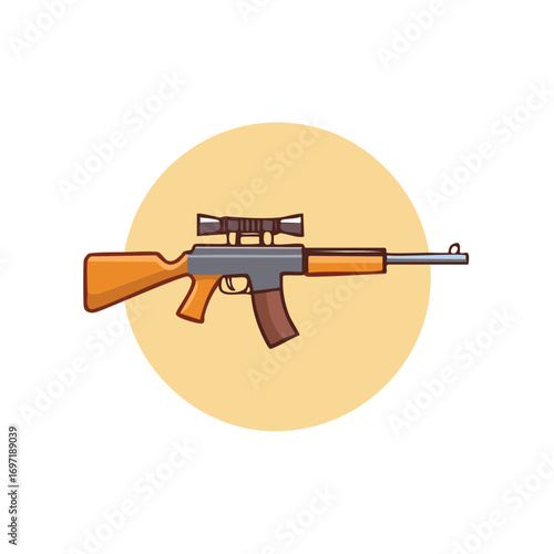Cartoon illustration of a tactical rifle with a scope, a vector graphic firearm icon for military or hunting concepts