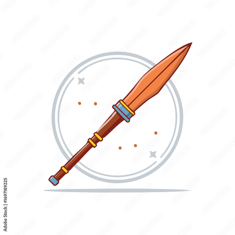 Fototapeta premium Cartoon style illustration of a spear with decorative elements and a circular frame