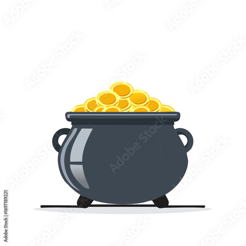 Pot of gold coins at the end of the rainbow symbol for wealth and good luck