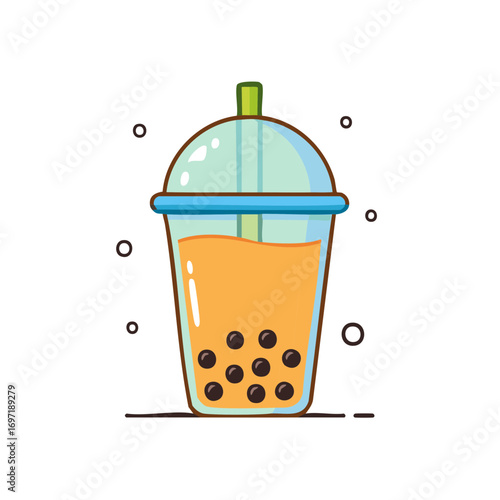 Cute cartoon bubble tea in plastic cup with boba balls and straw tasty drink