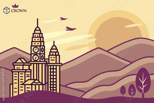 Stylized cityscape with clock tower buildings and rolling hills at sunset illustration flat design