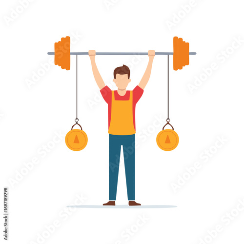 Vector illustration of a strong man triumphantly lifting a barbell with challenging hanging weights