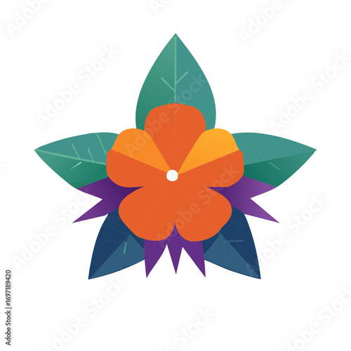 Floral Element Illustration: Orange Flower with Colorful Leaves and Abstract Design