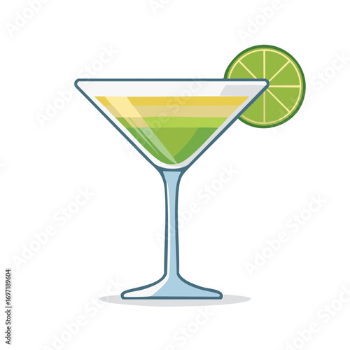Colorful cocktail in a martini glass with a lime slice, vector illustration