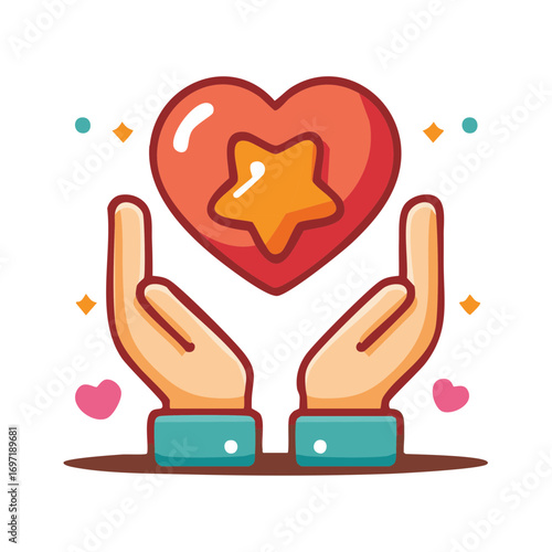 Hands Holding a Heart with Star Love Offering Gift Symbol Care Concept, Isolated Vector Graphic
