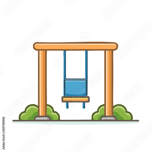 Simple wooden swing set with blue seat on green grassy area