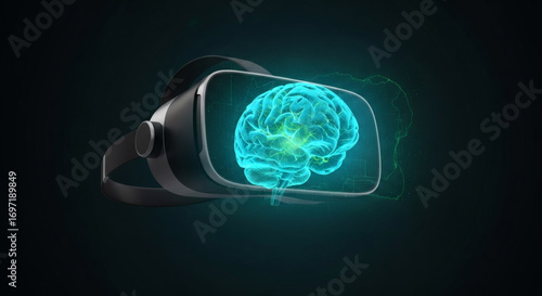 A virtual reality headset displays a glowing, translucent human brain, symbolizing advanced technology and cognitive exploration in a digital realm.