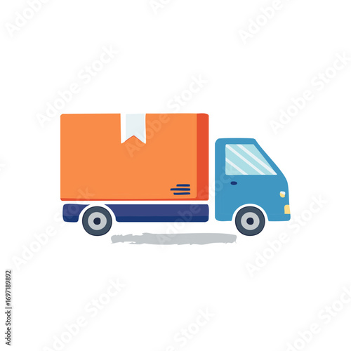 Blue delivery truck transporting orange box with ribbon fast shipping service concept