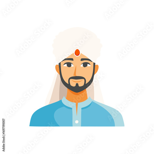 Bearded man wearing a traditional white turban and blue shirt with a red bindi on his forehead