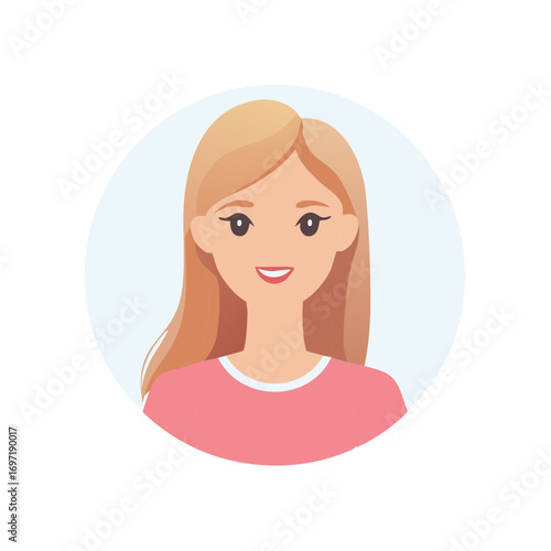 Smiling young woman with long blonde hair in a pink shirt vector avatar