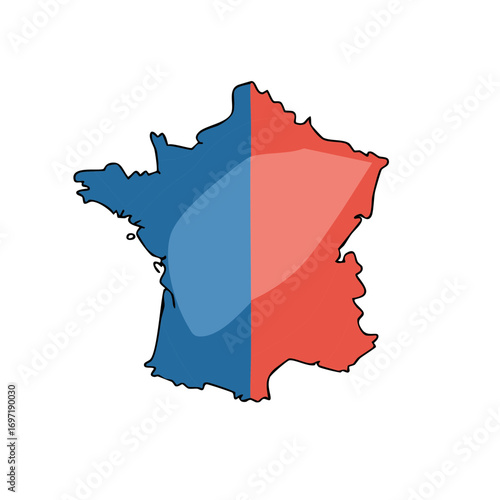 Stylized map of a nation with national colors split vertically, illustrating concepts of division.