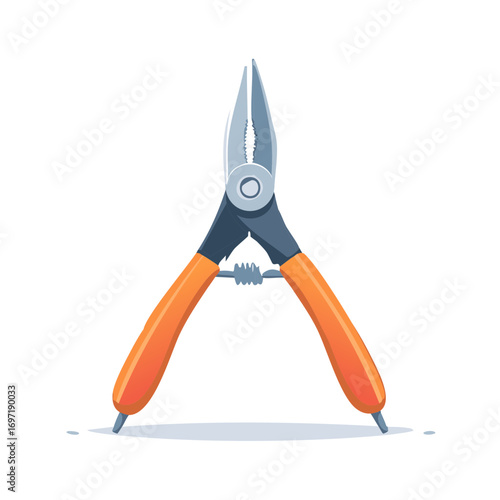 Professional needle nose pliers hand tool with orange handles isolated vector illustration
