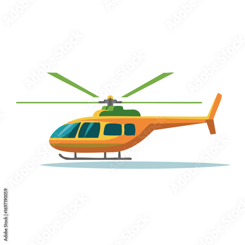 Vibrant cartoon helicopter illustration with orange body and green rotor blades