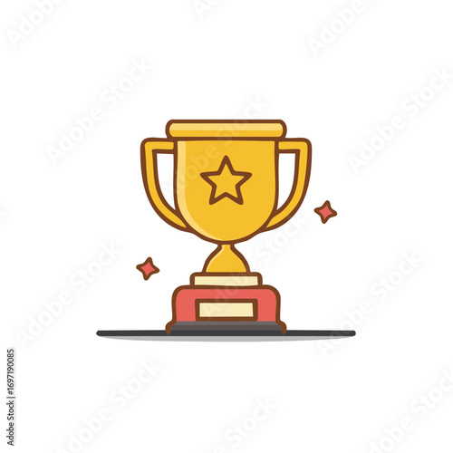Golden trophy cup with star icon and sparkling stars, vector illustration