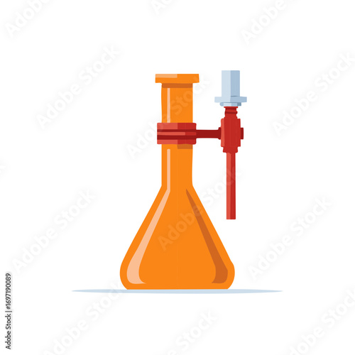 Scientific laboratory flask with stopcock and orange chemical liquid vector illustration