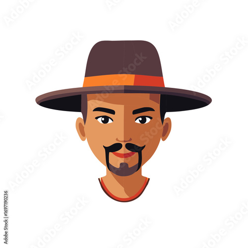 Flat Design Man With Wide Brim Hat And Mustache Portrait Illustration