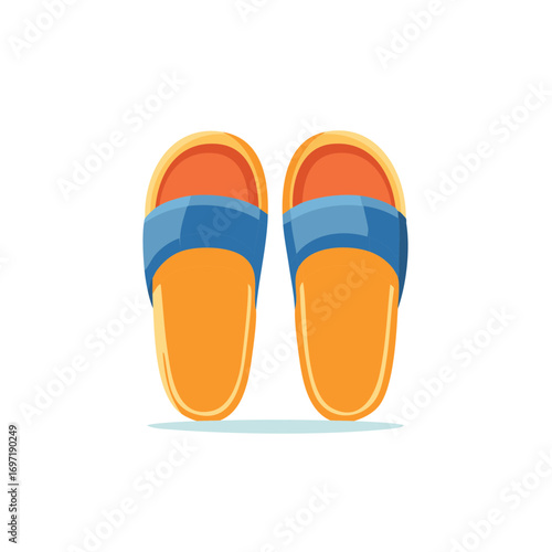 Colorful orange and blue slide sandals vector illustration, comfortable footwear top view.