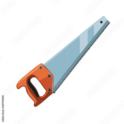 Hand saw illustration, sharp metal blade with orange handle, woodworking or DIY concept
