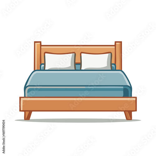 Cartoon illustration of a wooden bed with pillows and blue bedding