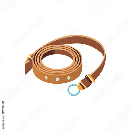 Fashionable tan leather belt neatly coiled featuring blue embellishments and a metal ring accessory