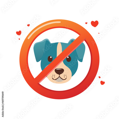 Dog Restriction Illustration: Cartoon Dog with No Symbol and Hearts in a Cute Design, Pet Unallowed Sign