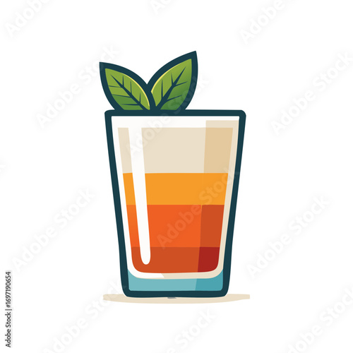 Refreshing layered beverage in a glass adorned with fresh green leaves, colorful cocktail, chilled tropical drink, summer holiday