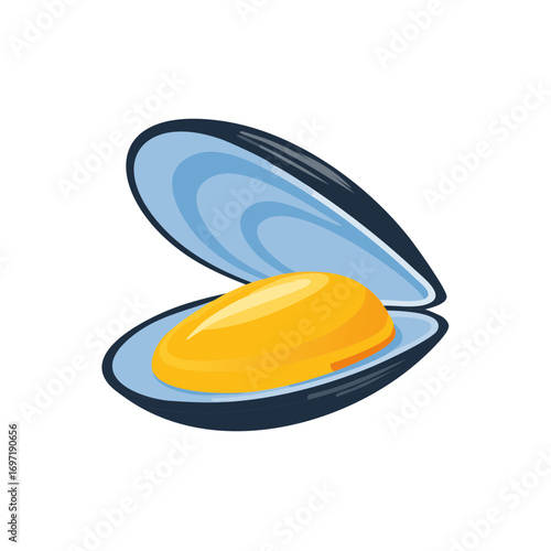 Open mussel with bright yellow meat illustration