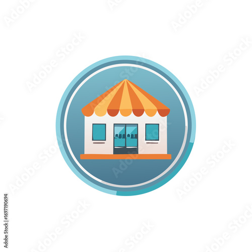 Vibrant flat design vector shop icon with striped awning and white walls
