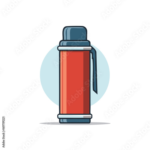 Cartoon illustration of a red thermos with a blue handle