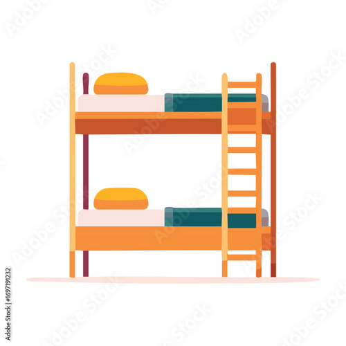 Simple flat design bunk bed with ladder and bedding, orange and yellow.