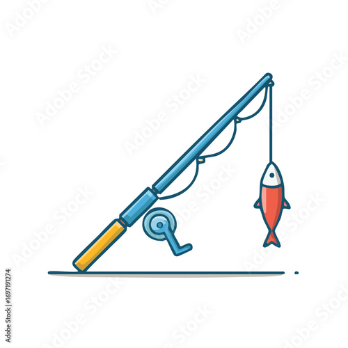 Fishing Rod with Caught Fish Hook and Line Simple Cartoon Style Vector Illustration