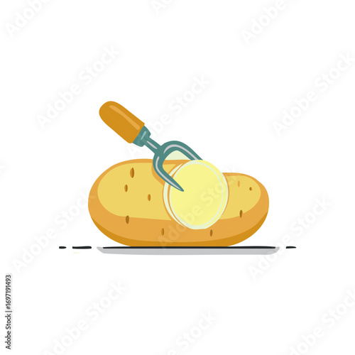 Illustrated depiction of a potato being sliced open with a specialized kitchen tool.