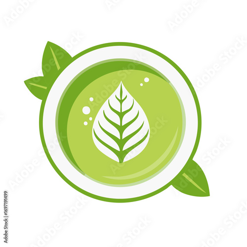 Green tea leaf icon in a circle with bubbles and leaves