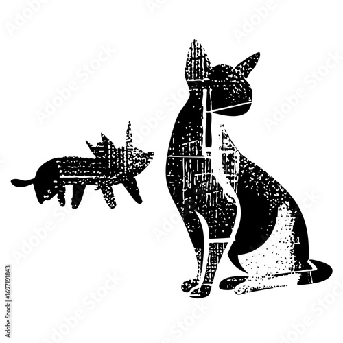 Vector Stylized feline pair features a mother cat and kitten.