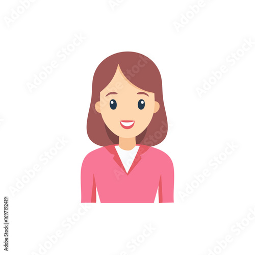 Smiling woman in pink jacket, cartoon character with short hair and light skin