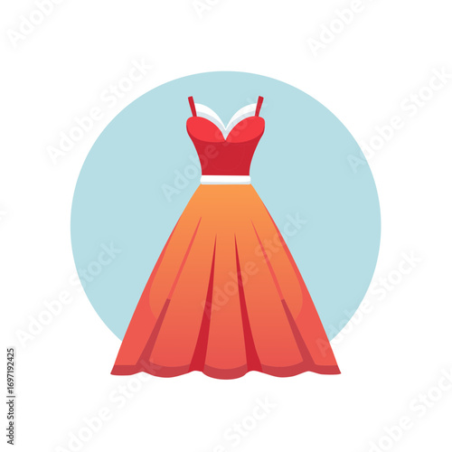 Illustrated red dress with orange skirt and blue circle background