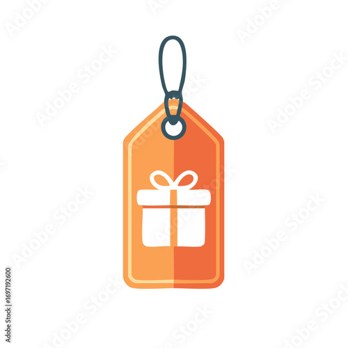 Orange gift tag with a white present icon for holiday shopping and sales vector illustration