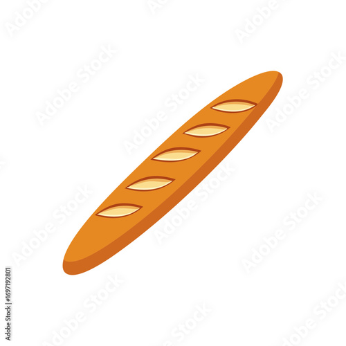 Golden brown baked baguette with scoring details isolated on white for a fresh bakery illustration