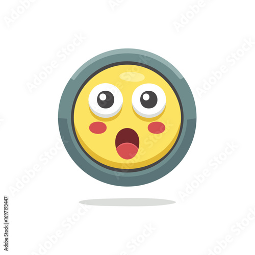 Surprised yellow emoji face with big eyes and open mouth inside a gray border