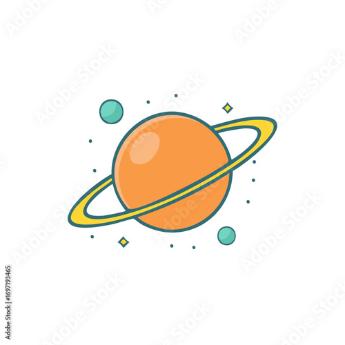 Orange planet with ring in minimalistic style with small planetoid. Outer space, astronomy and universe theme