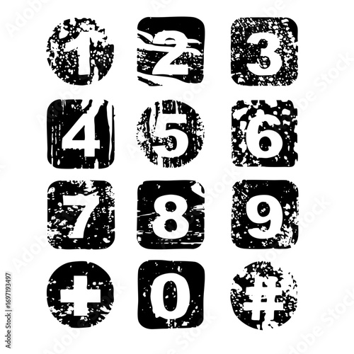 Vector Distressed numeral set featuring grunge digits and arithmetic symbols.