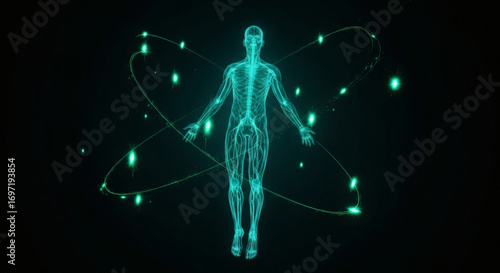 A glowing turquoise anatomical human figure is depicted with interconnected lines representing nerves and circulatory systems, surrounded by orbiting green e...