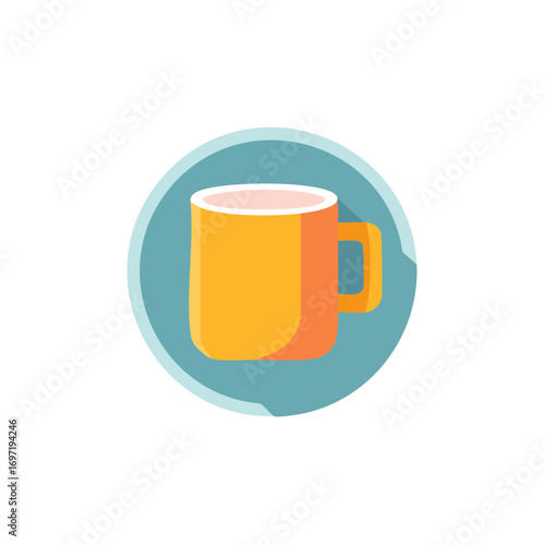Simple flat design orange yellow mug icon in a teal circle with long shadow effect