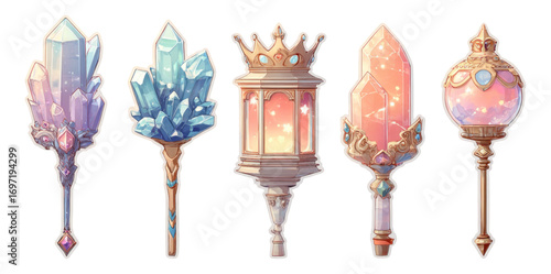 Fantasy Crystal Staff Set with Elegant Designs and Magical Auras