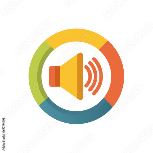 Colorful speaker icon inside a circular design element with segmented parts and audio waves.