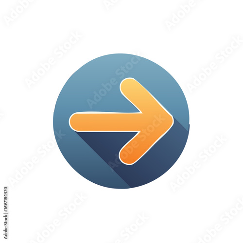 Directional Orange Arrow inside Blue Circle with Shadow, Isolated Icon